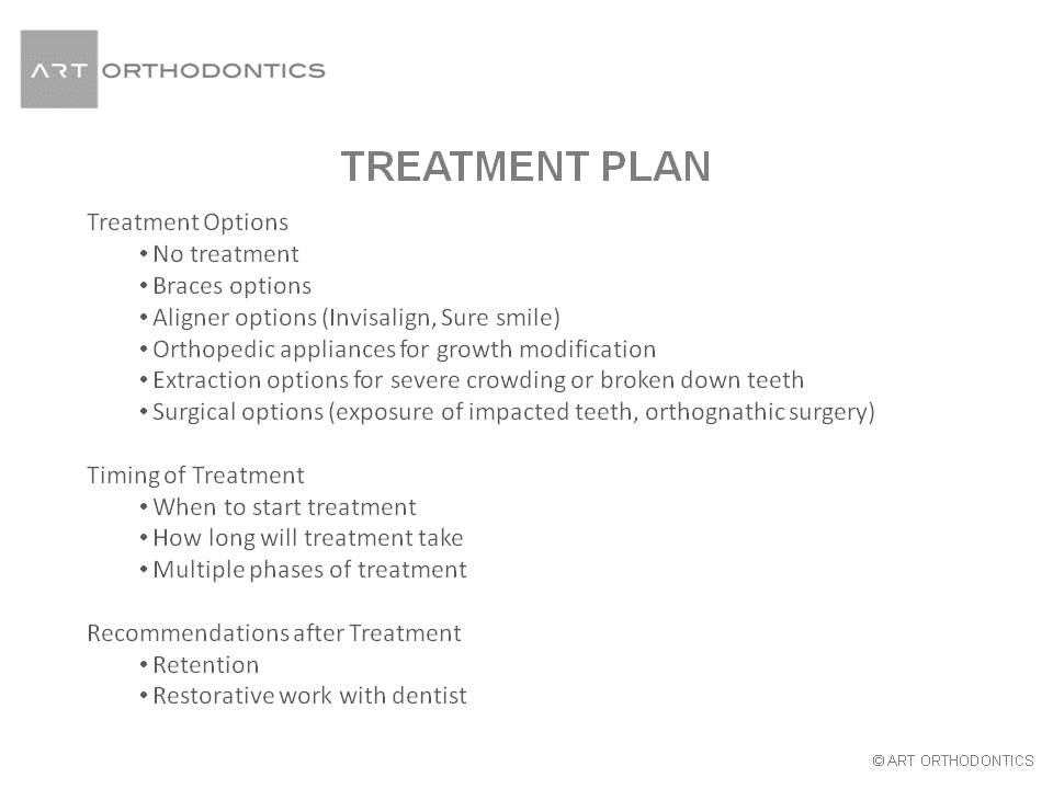 Diapositiva de opciones de plan de tratamiento para ortodoncia ART